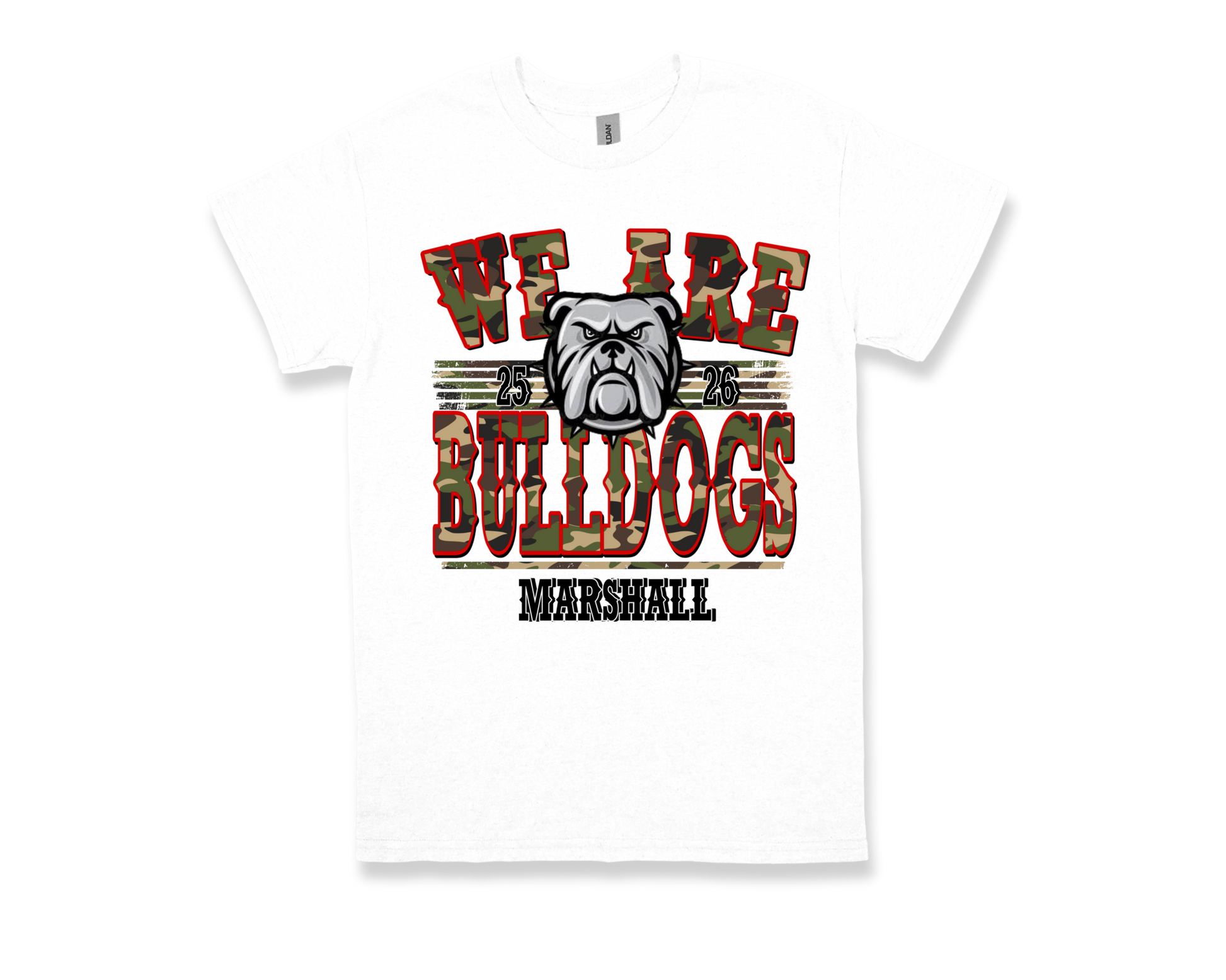 Marshall WE ARE BULLDOGS white shirt with bulldog graphic and bold lettering design