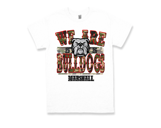 Marshall WE ARE BULLDOGS white shirt with bulldog graphic and bold lettering design