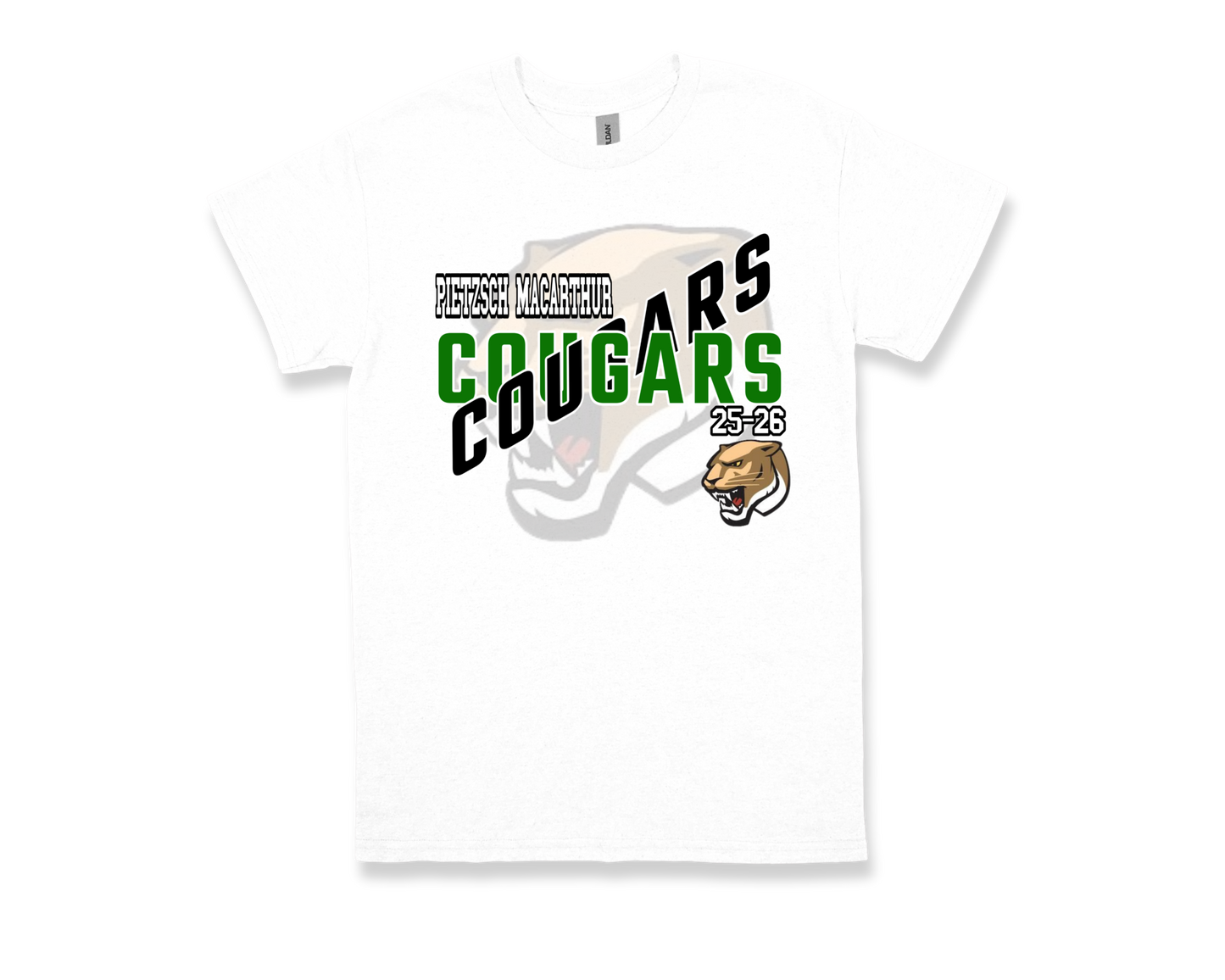 White Pietzsch MacArthur-COUGARS school spirit t-shirt with bold green and black text and cougar logo design