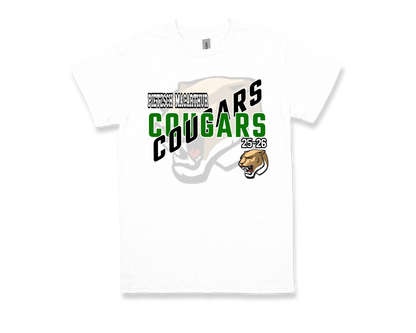 White Pietzsch MacArthur-COUGARS school spirit t-shirt with bold green and black text and cougar logo design