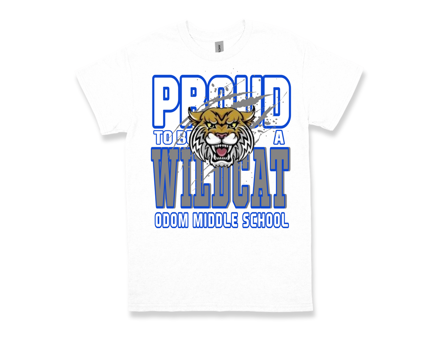 White ODOM - Proud to Be a Wildcat shirt with blue text and wildcat mascot graphic for Odom Middle School pride