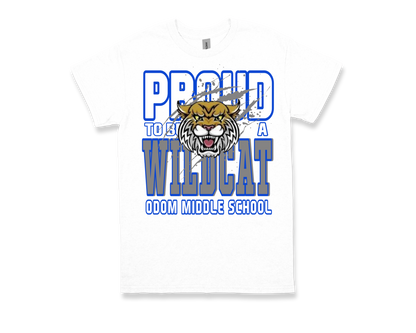 White ODOM - Proud to Be a Wildcat shirt with blue text and wildcat mascot graphic for Odom Middle School pride