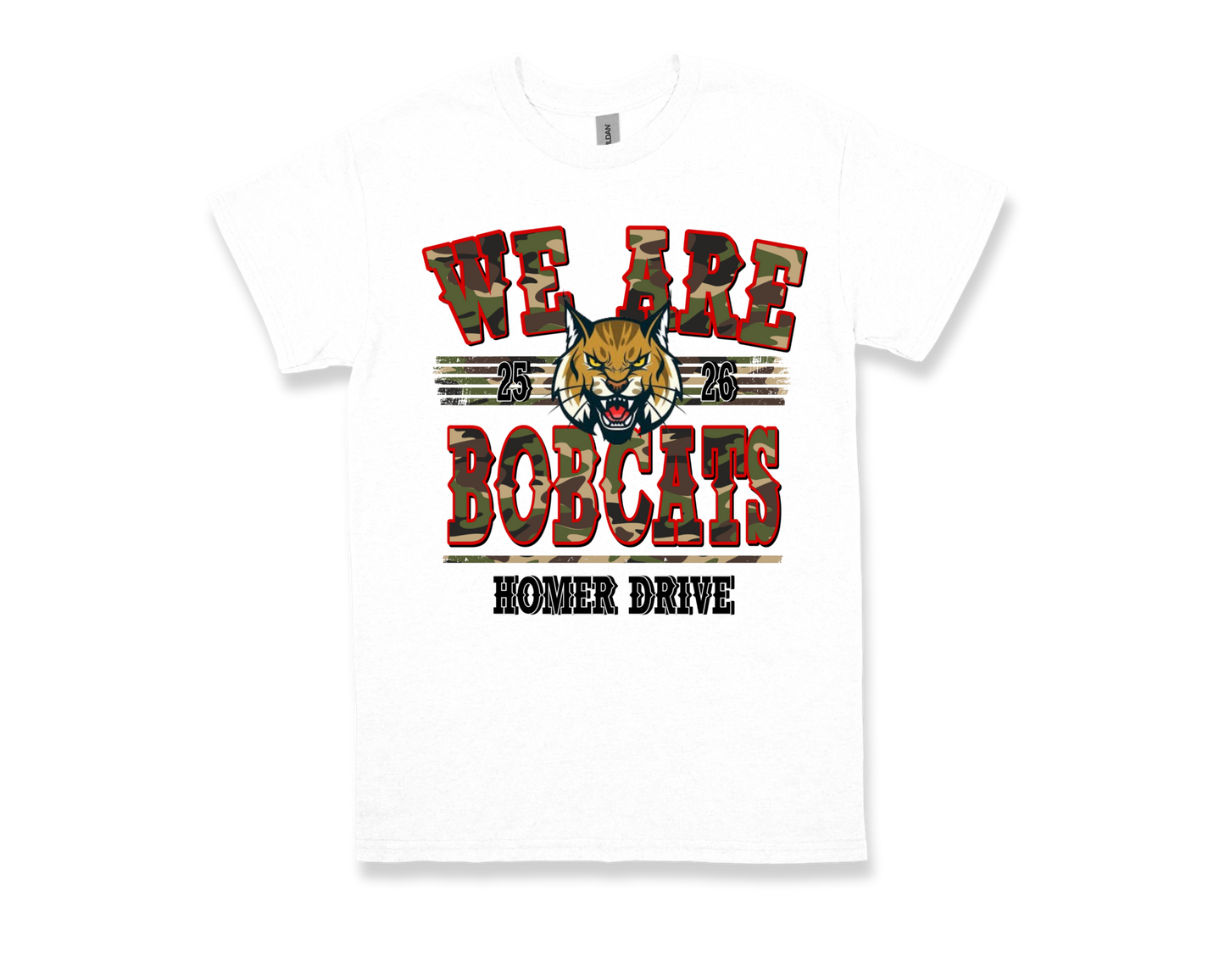 White Homer Drive WE ARE BOBCATS spirit t-shirt with bobcat logo and camouflage text design