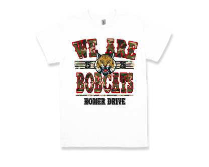 White Homer Drive WE ARE BOBCATS spirit t-shirt with bobcat logo and camouflage text design