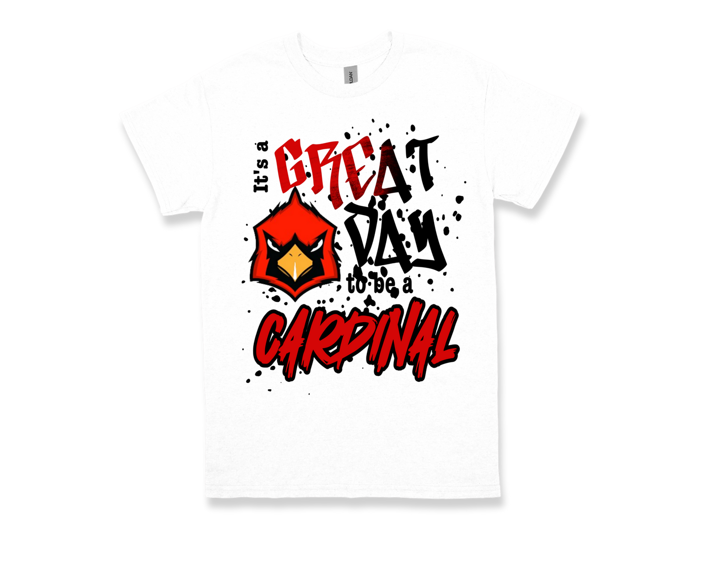 Jones Clark white shirt with "Great Day to Be a Cardinal" red and black graphic and cardinal mascot design