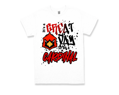 Jones Clark white shirt with "Great Day to Be a Cardinal" red and black graphic and cardinal mascot design