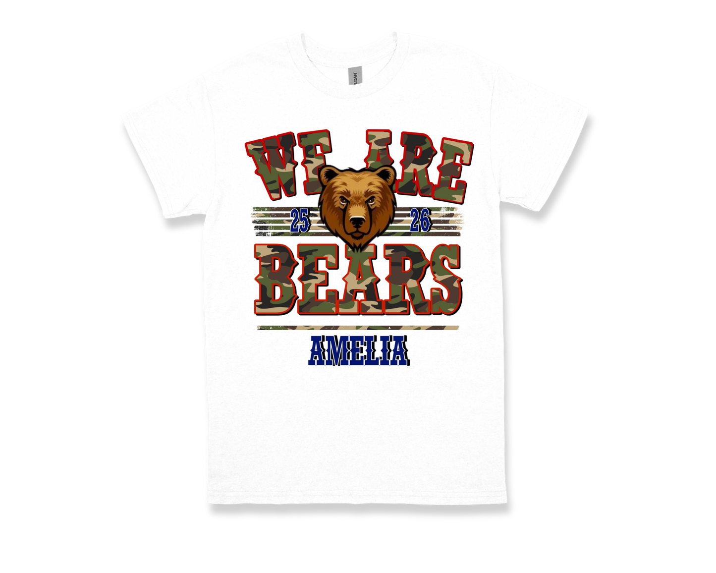 Amelia-WE ARE BEARS white school spirit t-shirt with bear graphic and bold lettering
