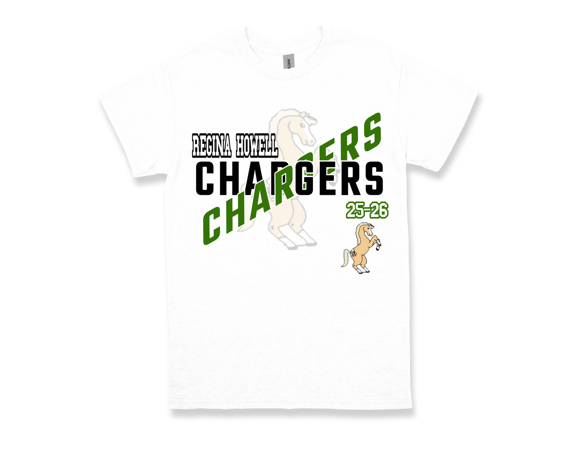 White Regina Howell-CHARGERS spirit shirt with horse mascot and green black lettering