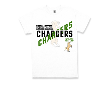 White Regina Howell-CHARGERS spirit shirt with horse mascot and green black lettering