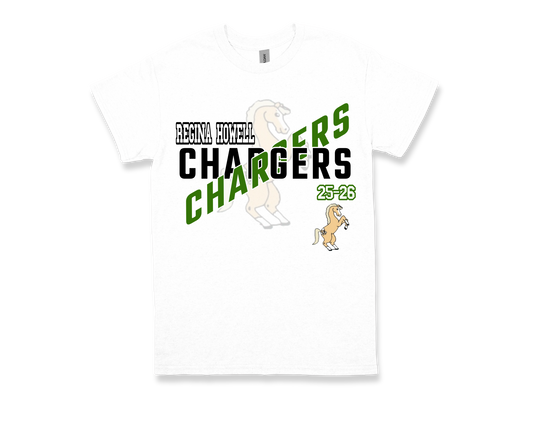 White Regina Howell-CHARGERS spirit shirt with horse mascot and green black lettering