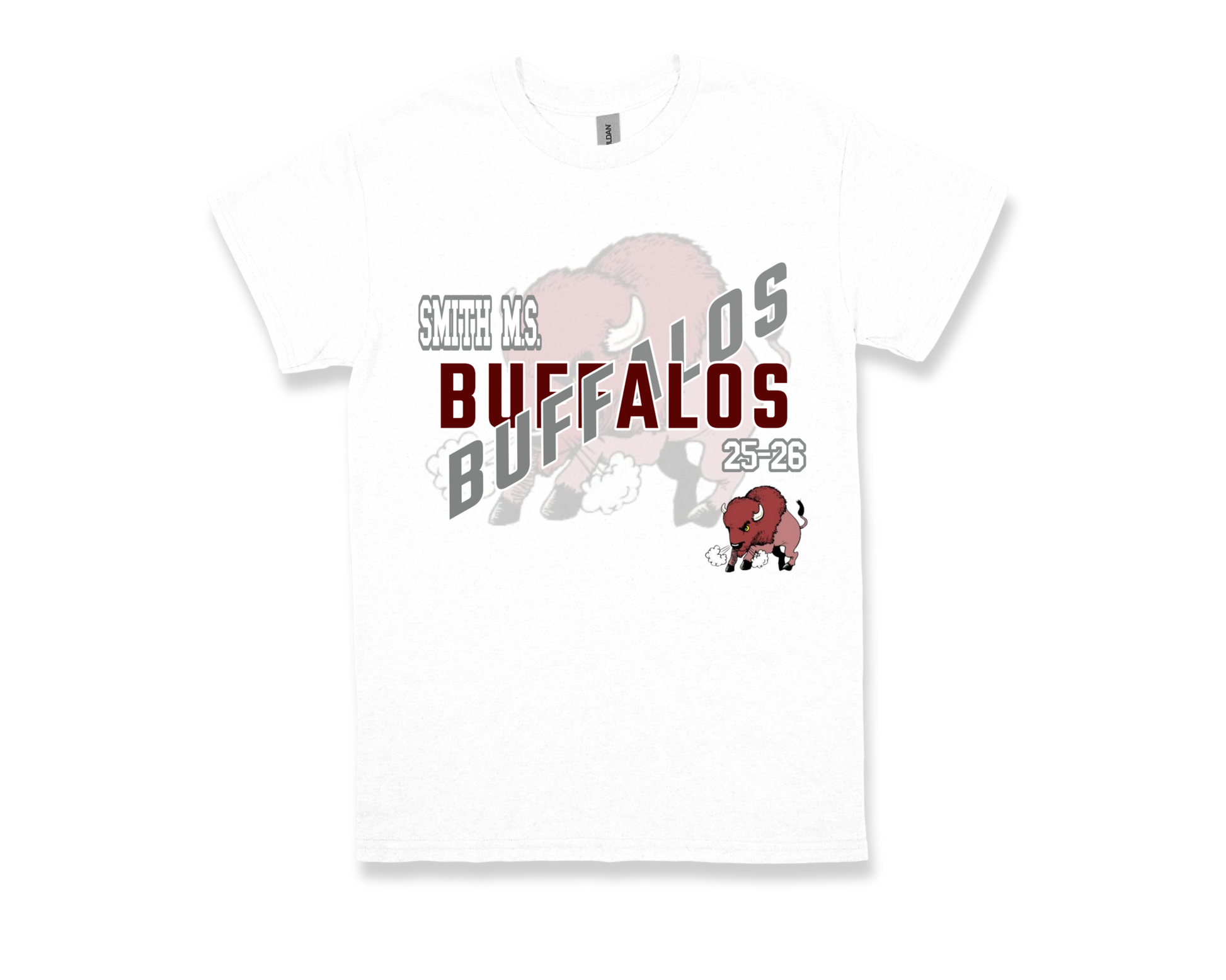 White Smith M.S.-BUFFALOS spirit shirt with buffalo graphics and bold text