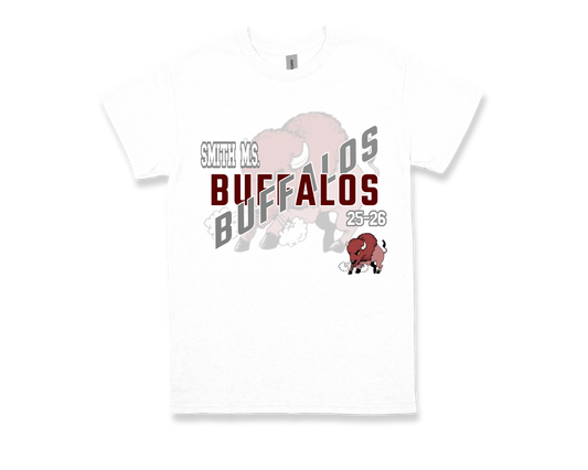 White Smith M.S.-BUFFALOS spirit shirt with buffalo graphics and bold text