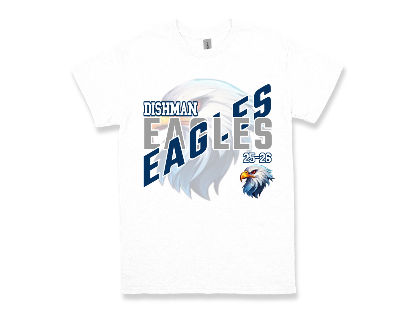 White Dishman-EAGLES school spirit t-shirt with eagle graphic and bold team name design