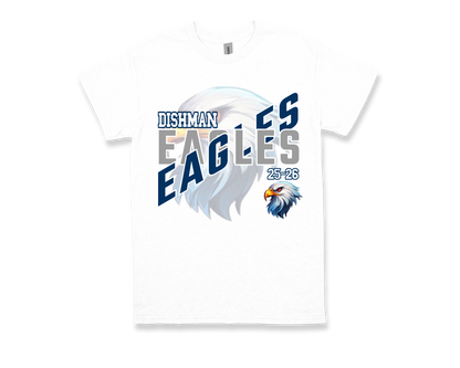 White Dishman-EAGLES school spirit t-shirt with eagle graphic and bold team name design