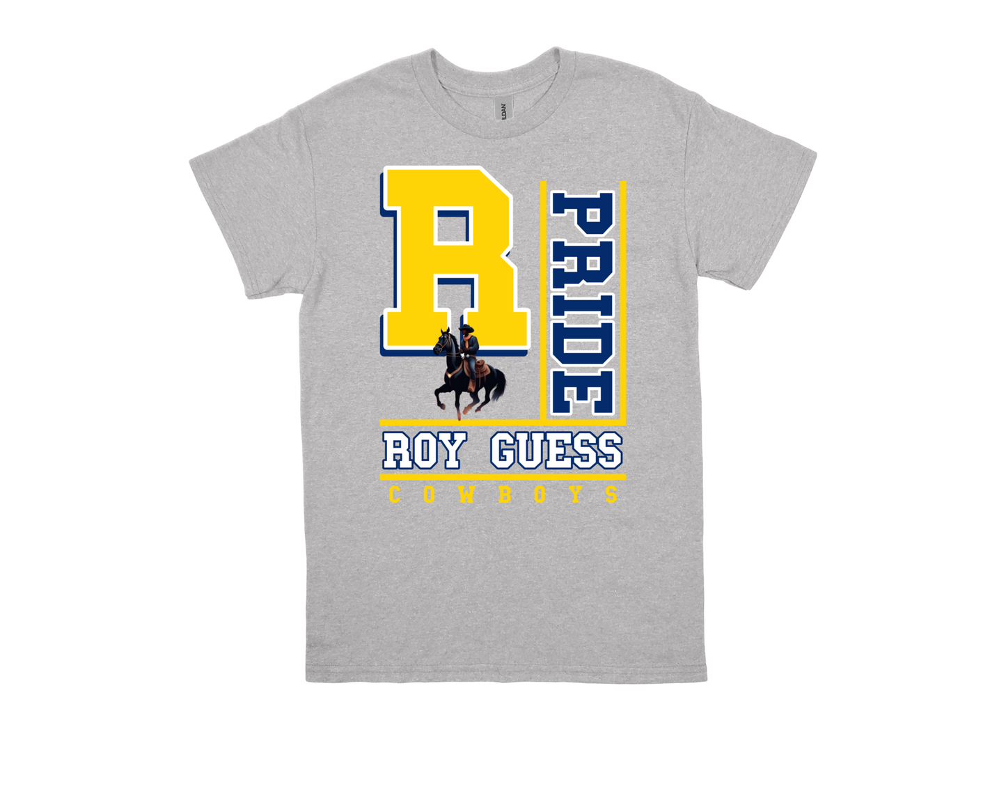 Gray Roy Guess- PRIDE spirit shirt with large yellow "R," blue "PRIDE" text, cowboy graphic, and "Roy Guess Cowboys" lettering