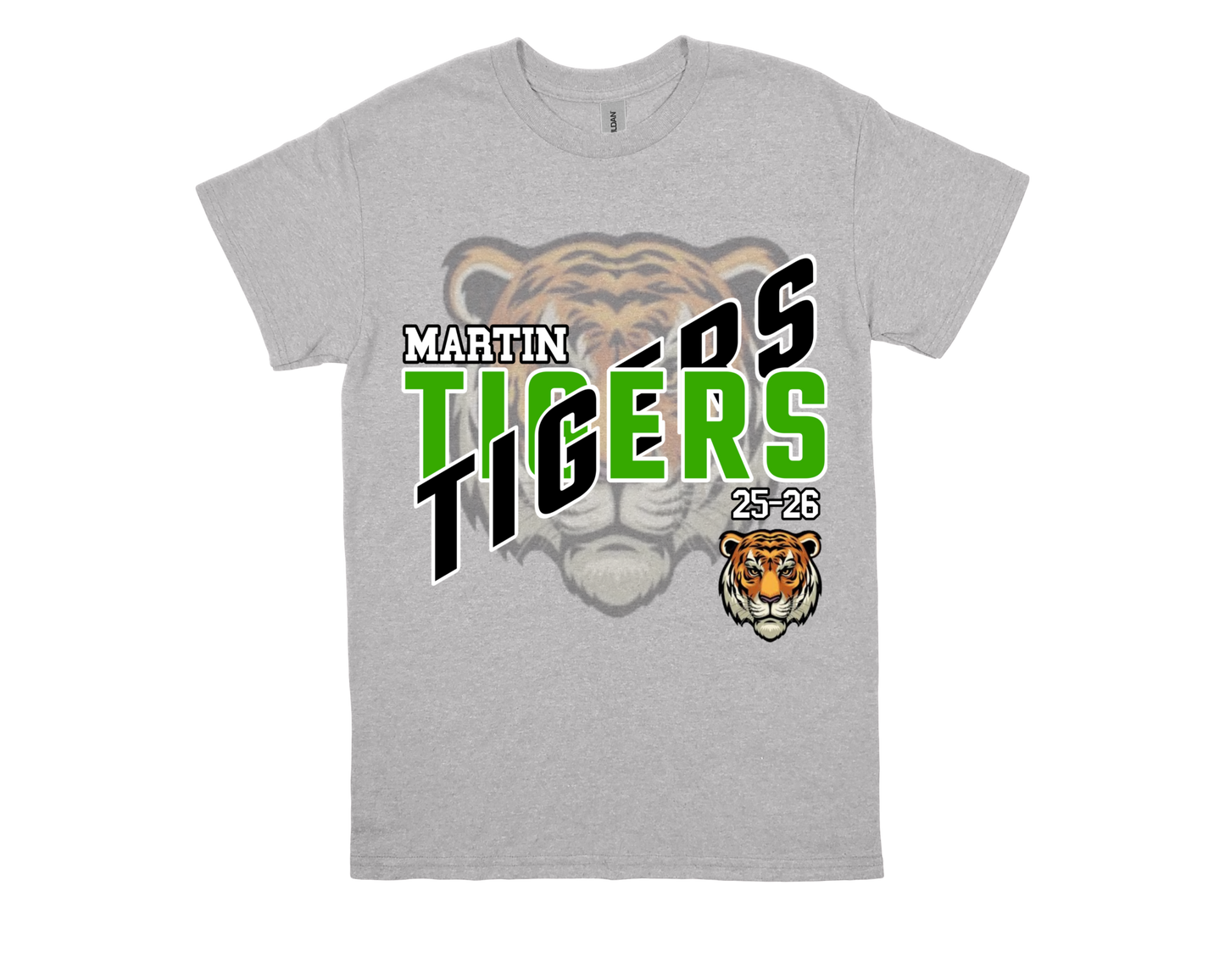 Gray Martin-TIGERS school spirit t-shirt with tiger graphic and green text.