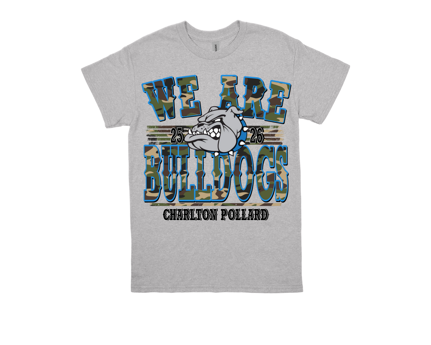Charlton Pollard WE ARE BULLDOGS gray school spirit t-shirt with bulldog mascot design