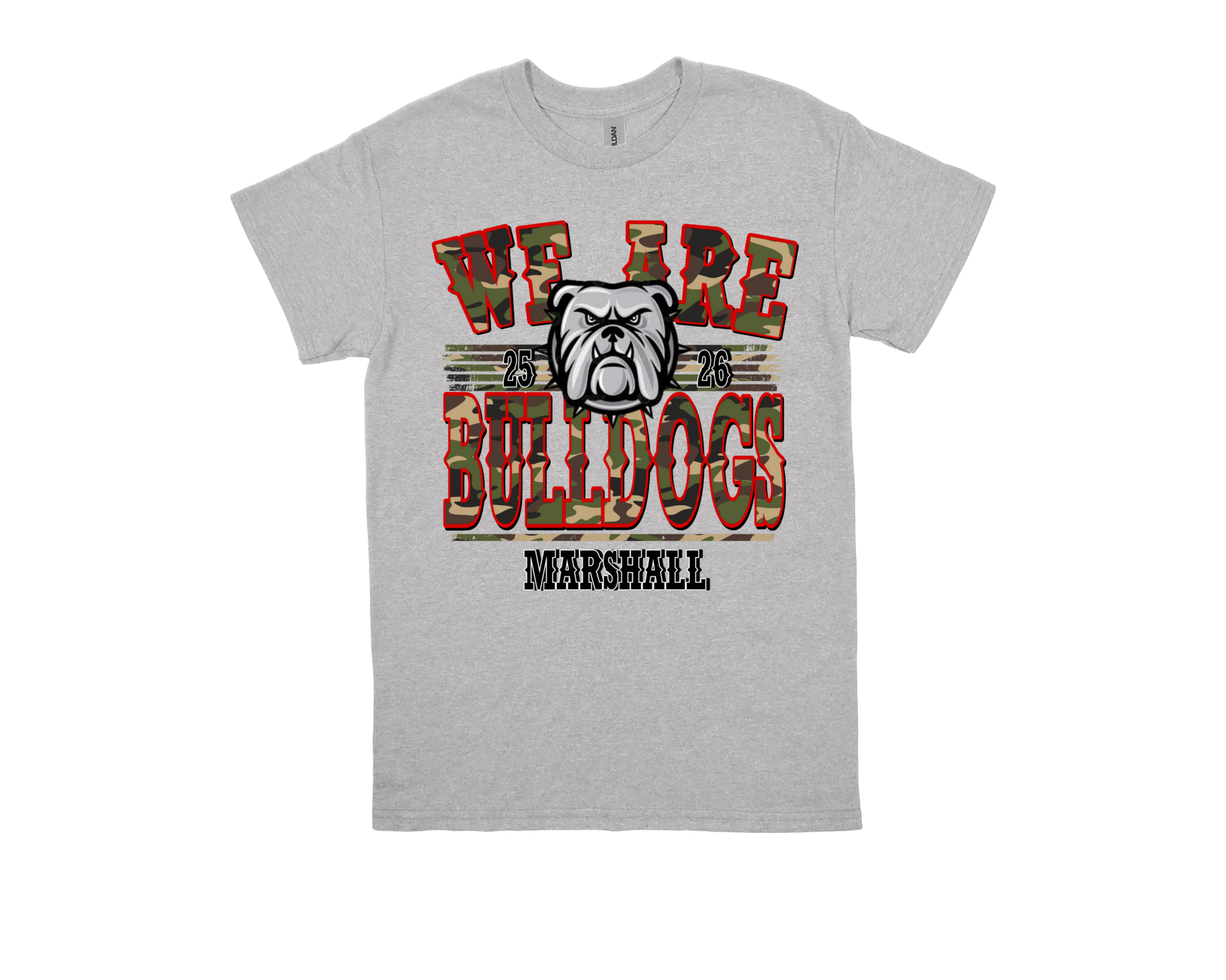 Marshall WE ARE BULLDOGS grey t-shirt with bulldog graphic and bold lettering design