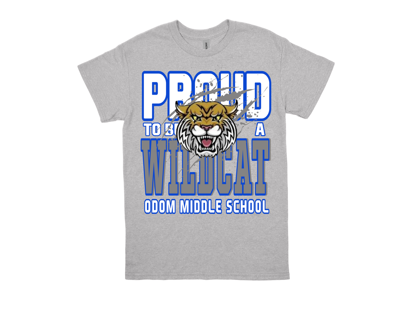 Gray ODOM - Proud to Be a Wildcat shirt with Wildcat mascot and Odom Middle School text
