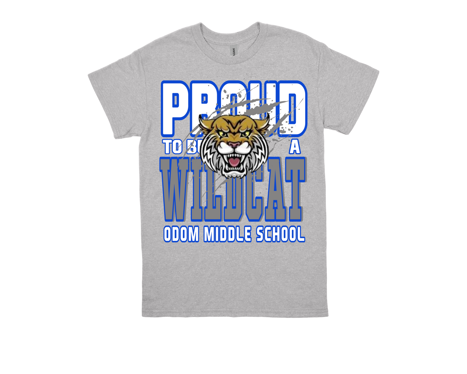 Gray ODOM - Proud to Be a Wildcat shirt with Wildcat mascot and Odom Middle School text
