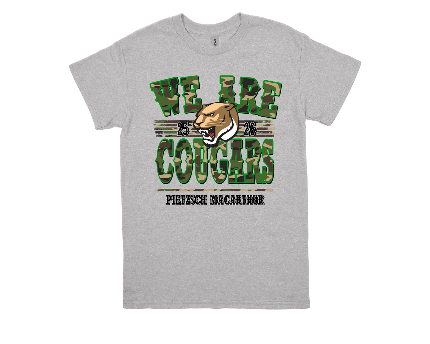 Gray Pietzsch MacArthur-WE ARE COUGARS school spirit t-shirt with cougar mascot and camo text design