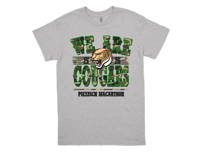 Gray Pietzsch MacArthur-WE ARE COUGARS school spirit t-shirt with cougar mascot and camo text design