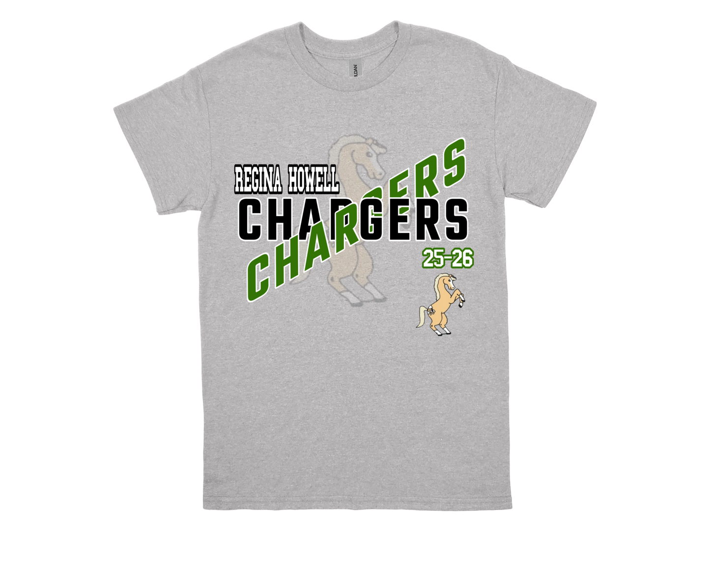 Regina Howell-CHARGERS grey school spirit t-shirt with horse mascot and bold green text design