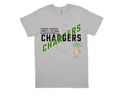 Regina Howell-CHARGERS grey school spirit t-shirt with horse mascot and bold green text design