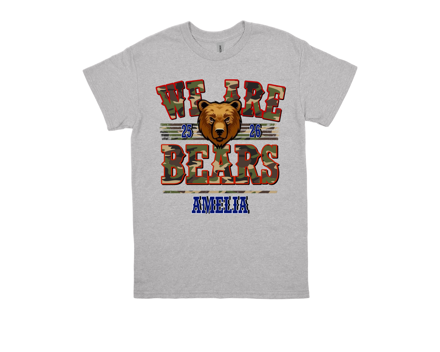 Amelia-WE ARE BEARS gray school spirit t-shirt with bear graphic and bold lettering