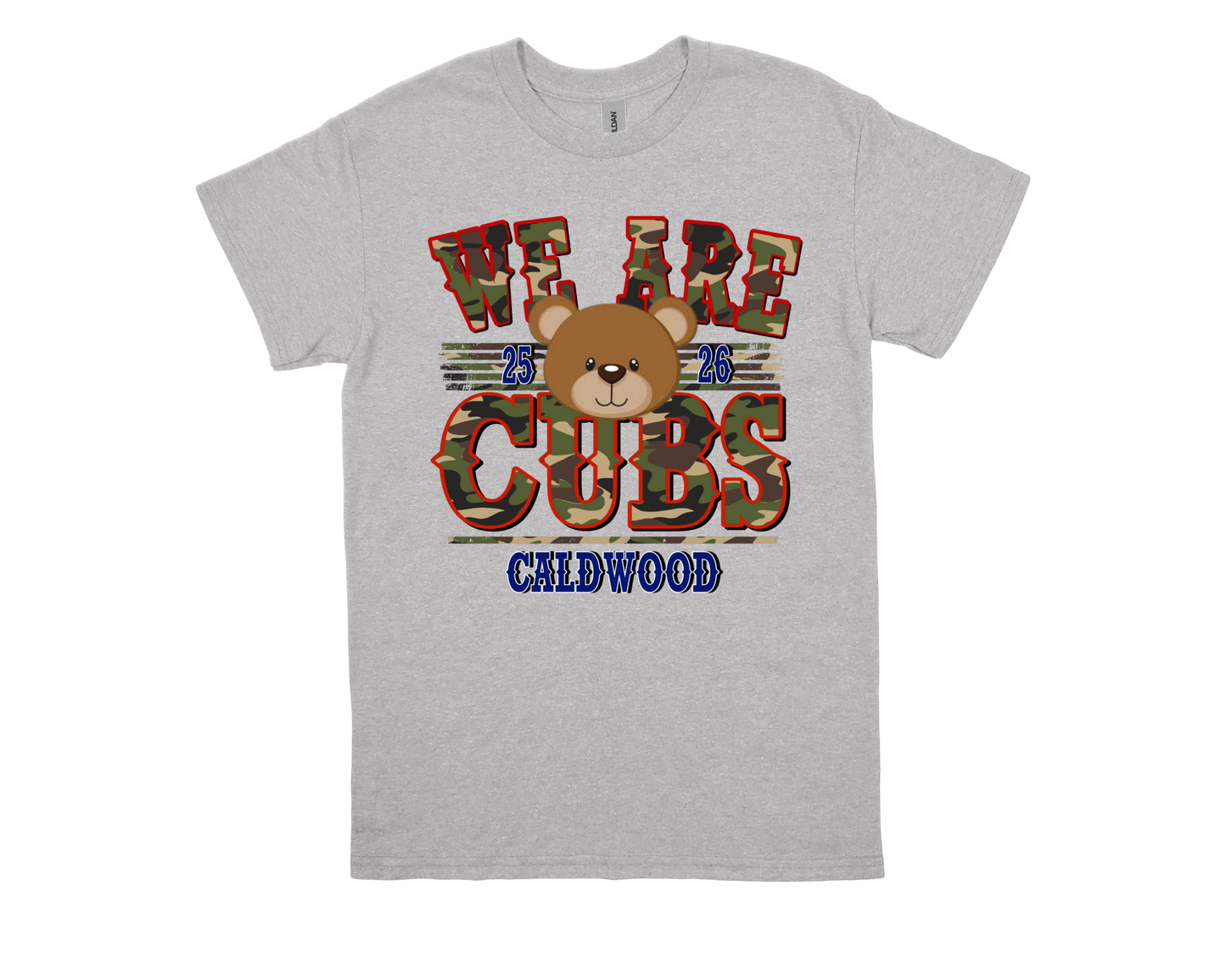 Gray Caldwood-WE ARE CUBS shirt with bear and camouflage text design