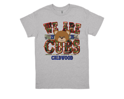 Gray Caldwood-WE ARE CUBS shirt with bear and camouflage text design