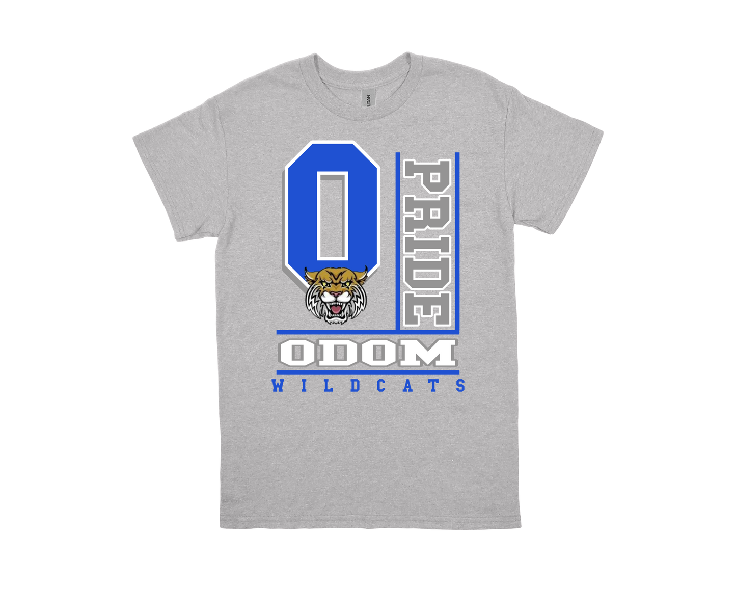 ODOM- PRIDE grey spirit shirt with wildcat logo and bold blue and white text design