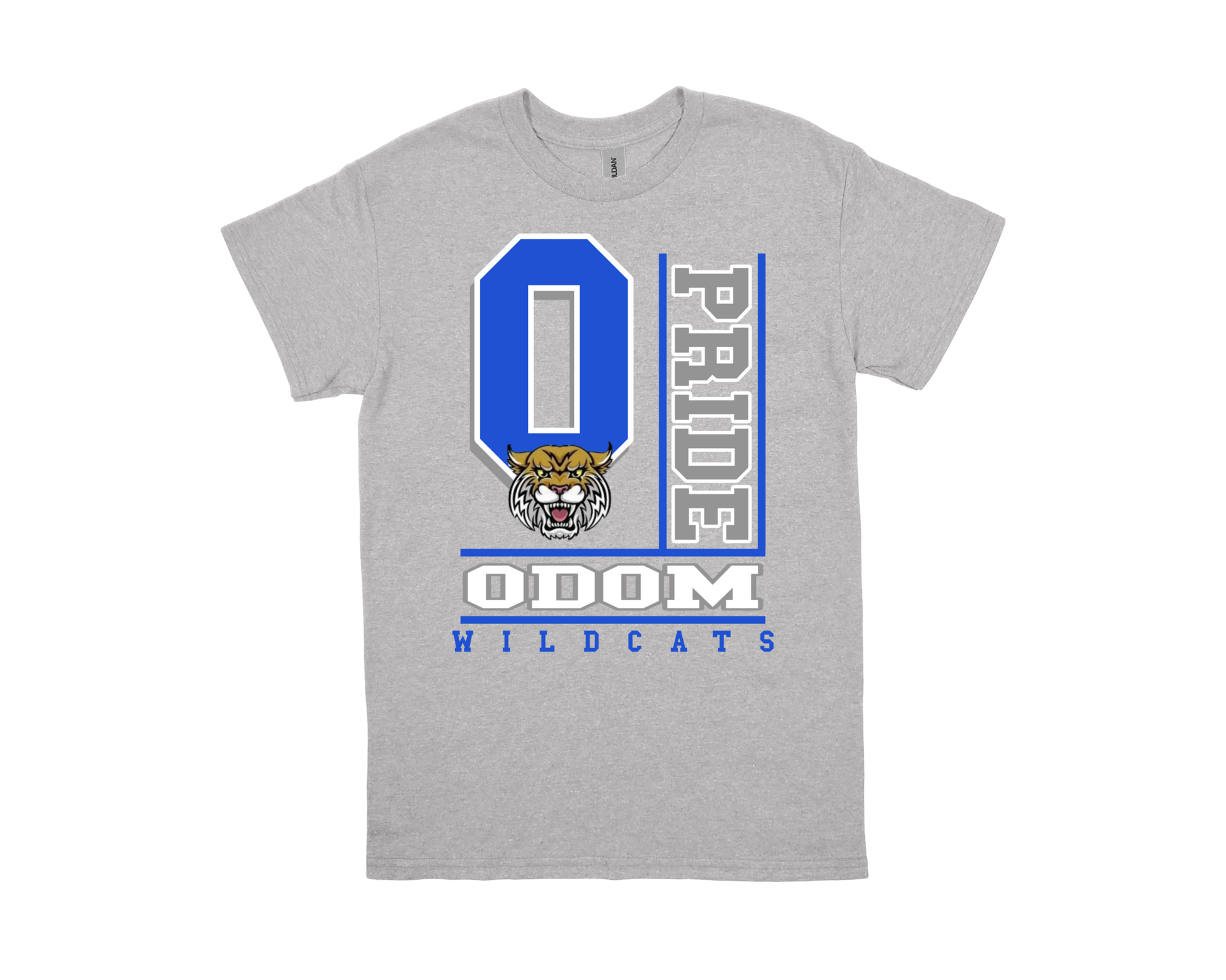 ODOM- PRIDE grey spirit shirt with wildcat logo and bold blue and white text design