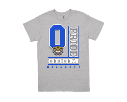 ODOM- PRIDE grey spirit shirt with wildcat logo and bold blue and white text design