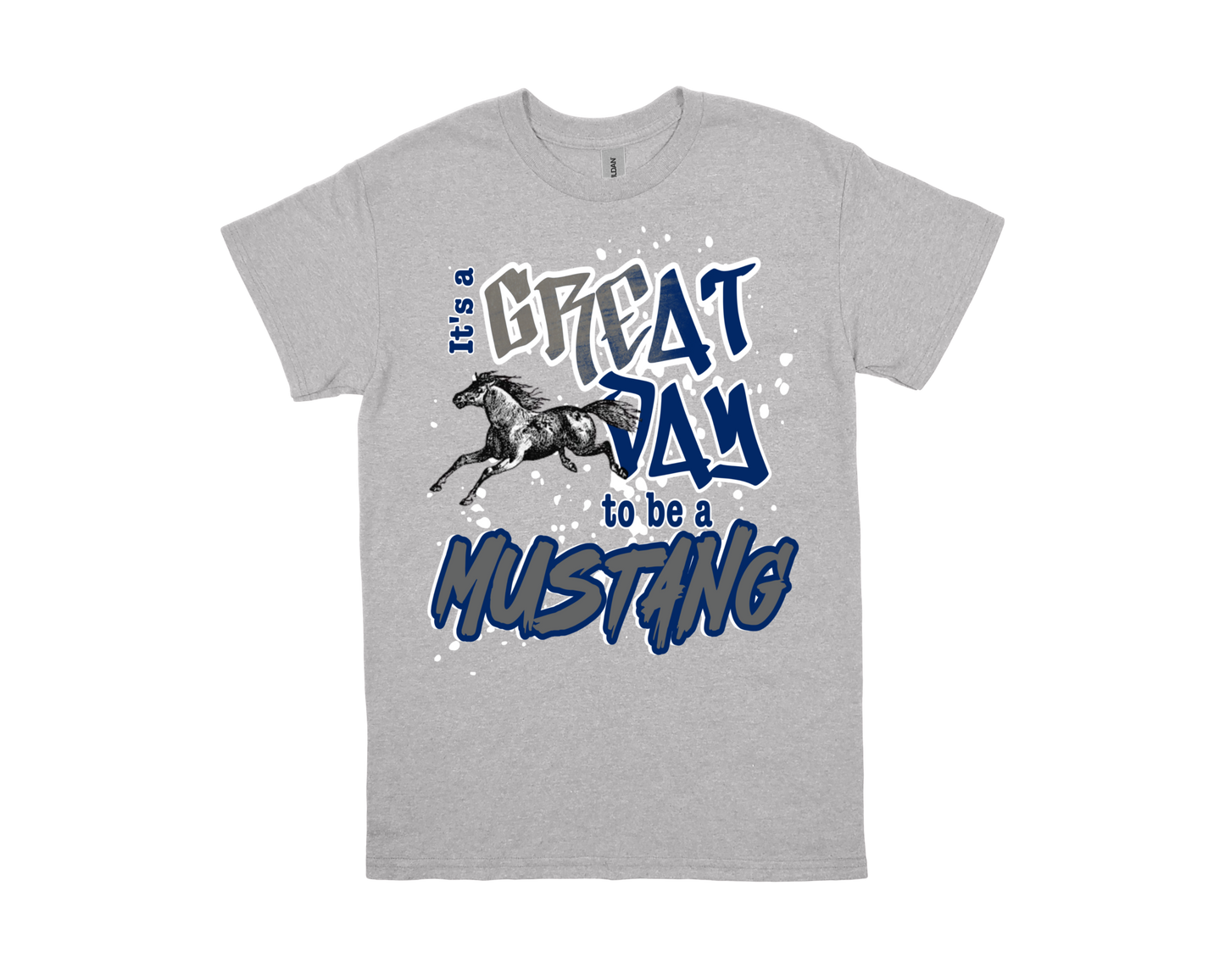Gray Vincent Spirit Shirt with "It's a GREAT DAY to be a MUSTANG" text and running mustang graphic