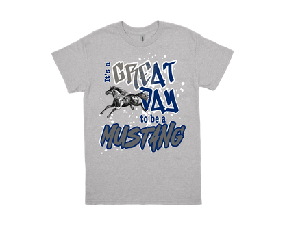 Gray Vincent Spirit Shirt with "It's a GREAT DAY to be a MUSTANG" text and running mustang graphic