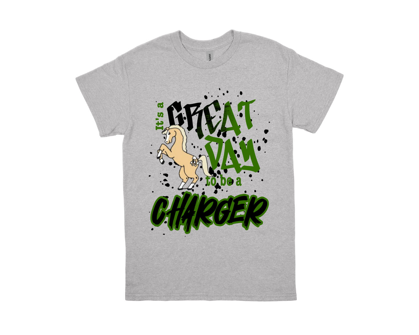 Regina Howell grey t-shirt with "Great Day to Be a Charger" text and horse graphic