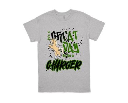 Regina Howell grey t-shirt with "Great Day to Be a Charger" text and horse graphic