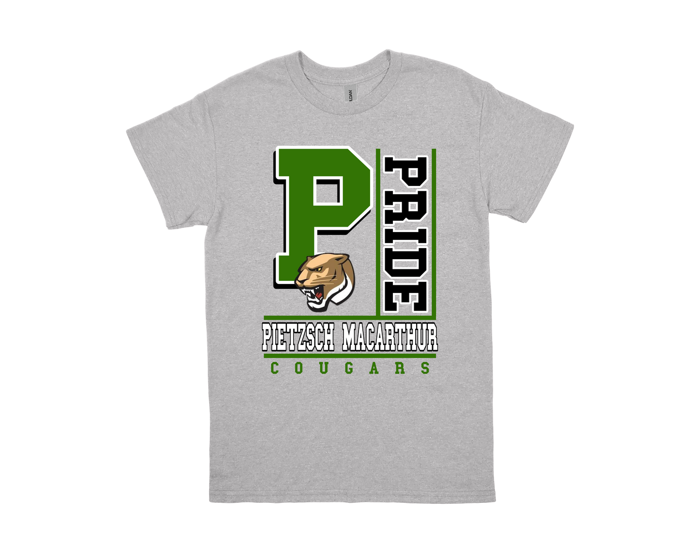 Pietzsch MacArthur-PRIDE shirt with green and black school logo and cougar mascot on gray fabric
