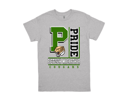 Pietzsch MacArthur-PRIDE shirt with green and black school logo and cougar mascot on gray fabric