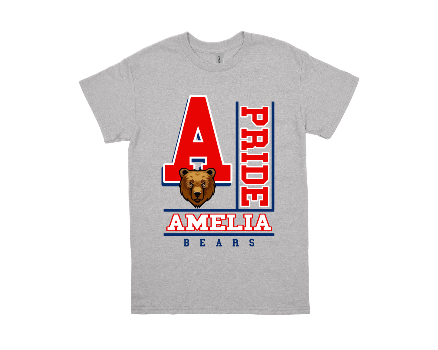 Amelia-PRIDE gray spirit shirt with red and blue lettering and bear mascot design
