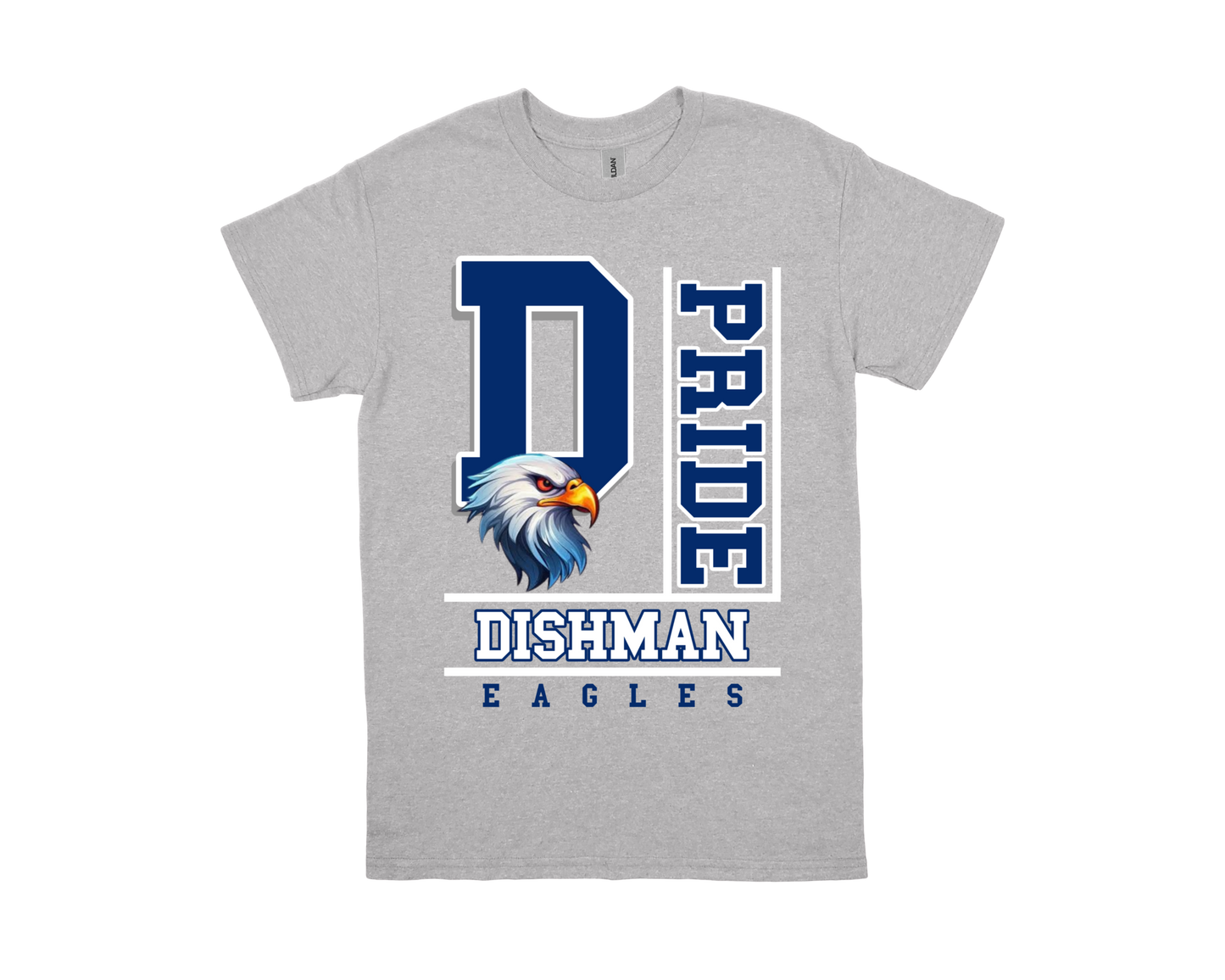 Grey Dishman-PRIDE spirit shirt with eagle graphic and blue text design