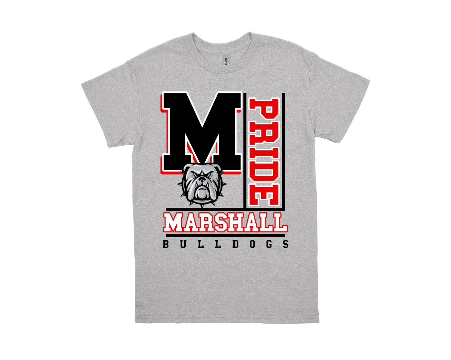 Marshall- PRIDE gray t-shirt with bold M, bulldog logo, and school spirit design