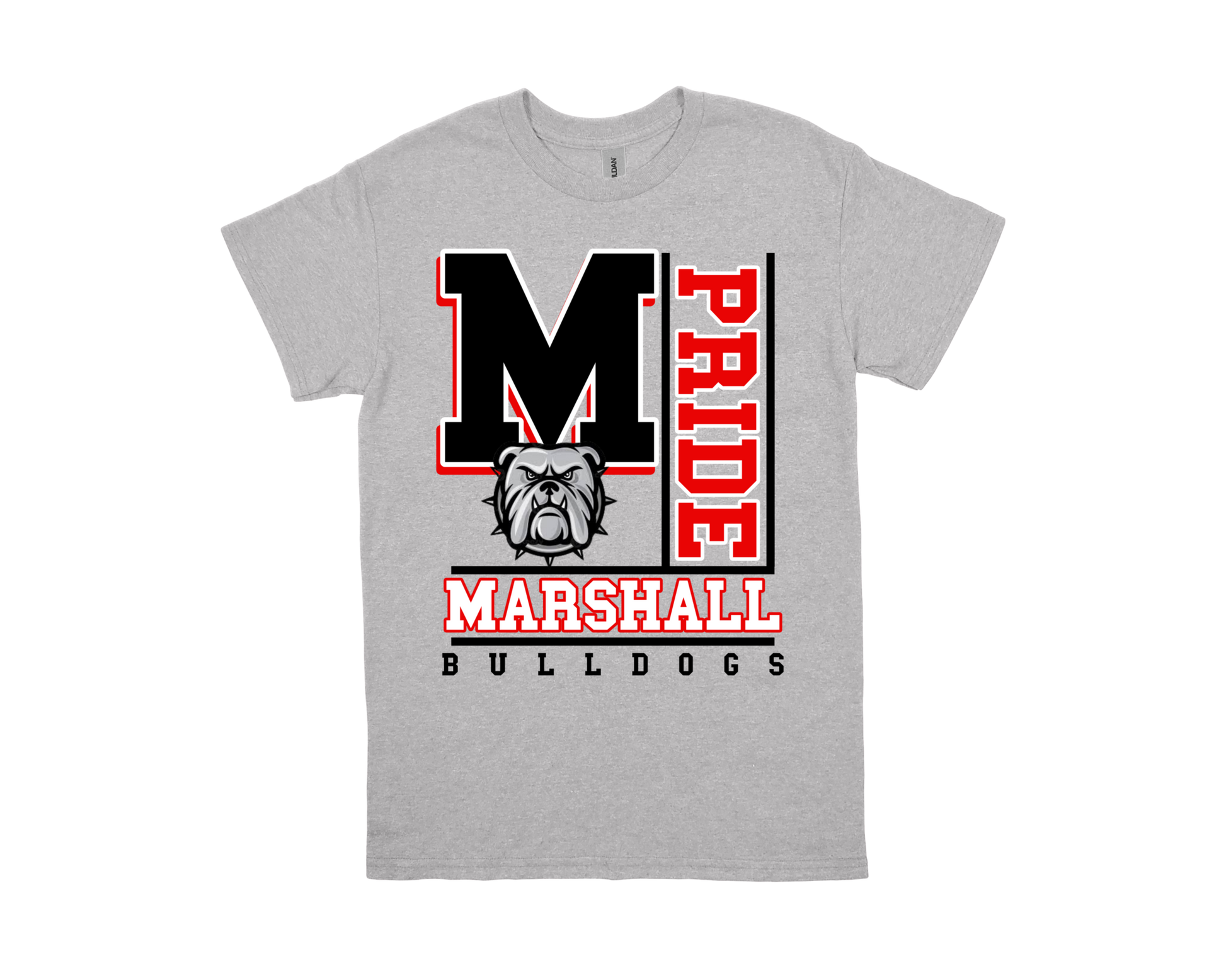 Marshall- PRIDE gray t-shirt with bold M, bulldog logo, and school spirit design