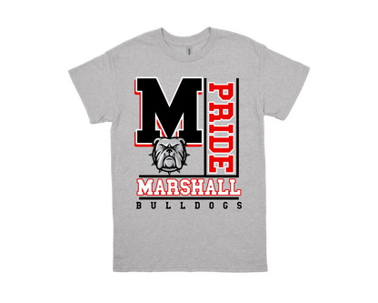 Marshall- PRIDE gray t-shirt with bold M, bulldog logo, and school spirit design