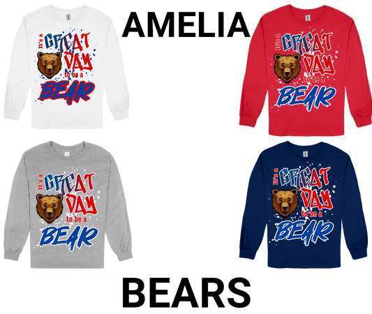 Amelia-GREAT DAY TO BE A BEAR long sleeve shirts in white, red, gray, and navy with bear graphic and school pride text