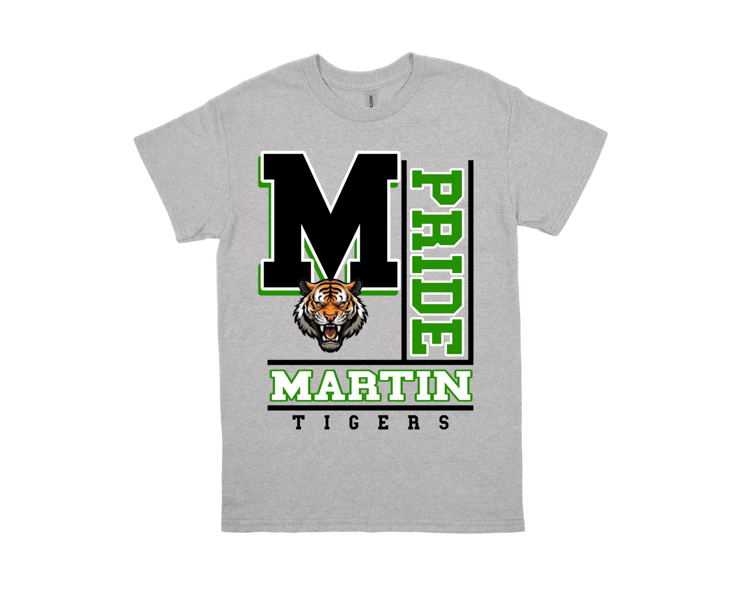 Martin-PRIDE spirit shirt with tiger logo and bold green and black text on gray background