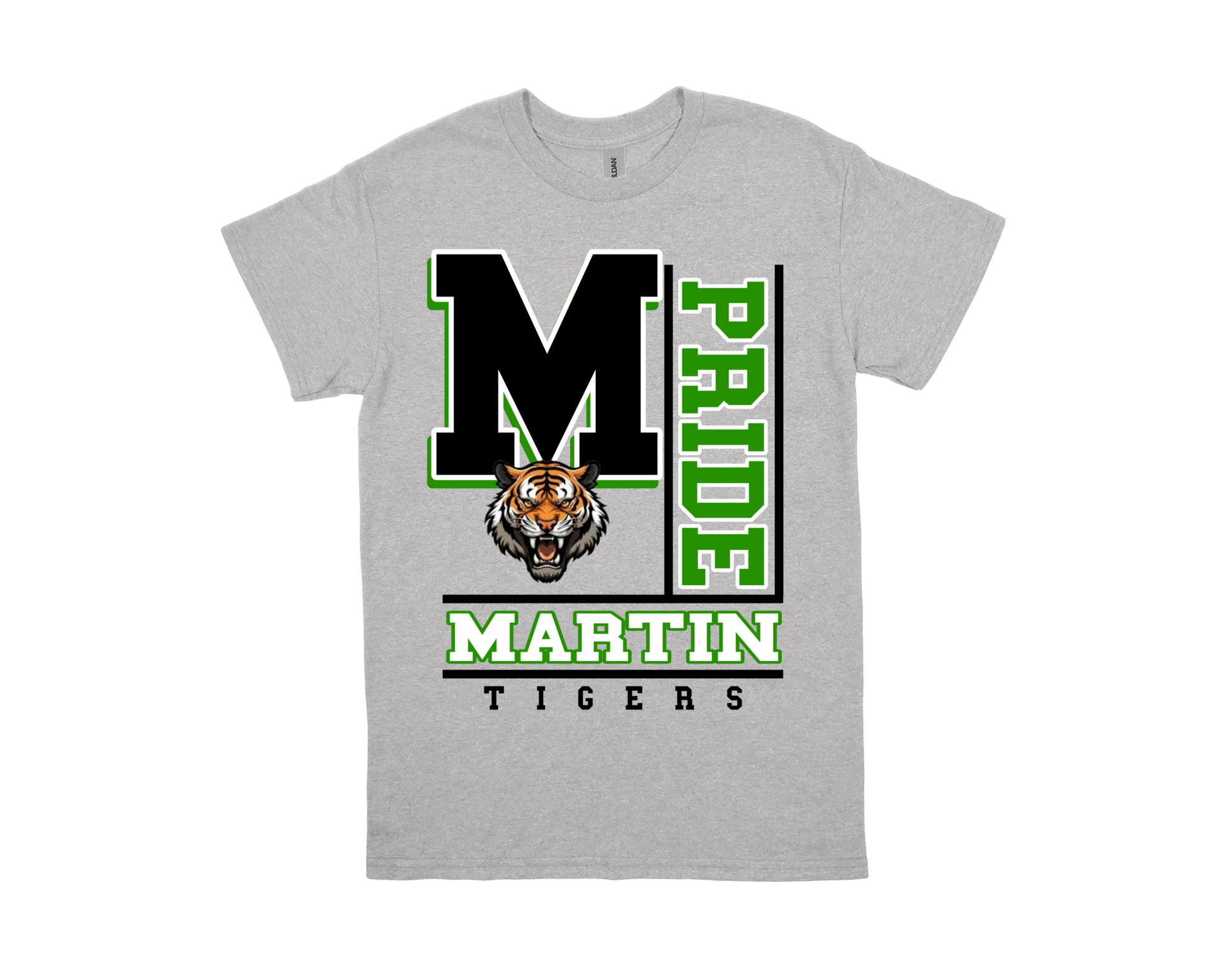 Martin-PRIDE spirit shirt with tiger logo and bold green and black text on gray background