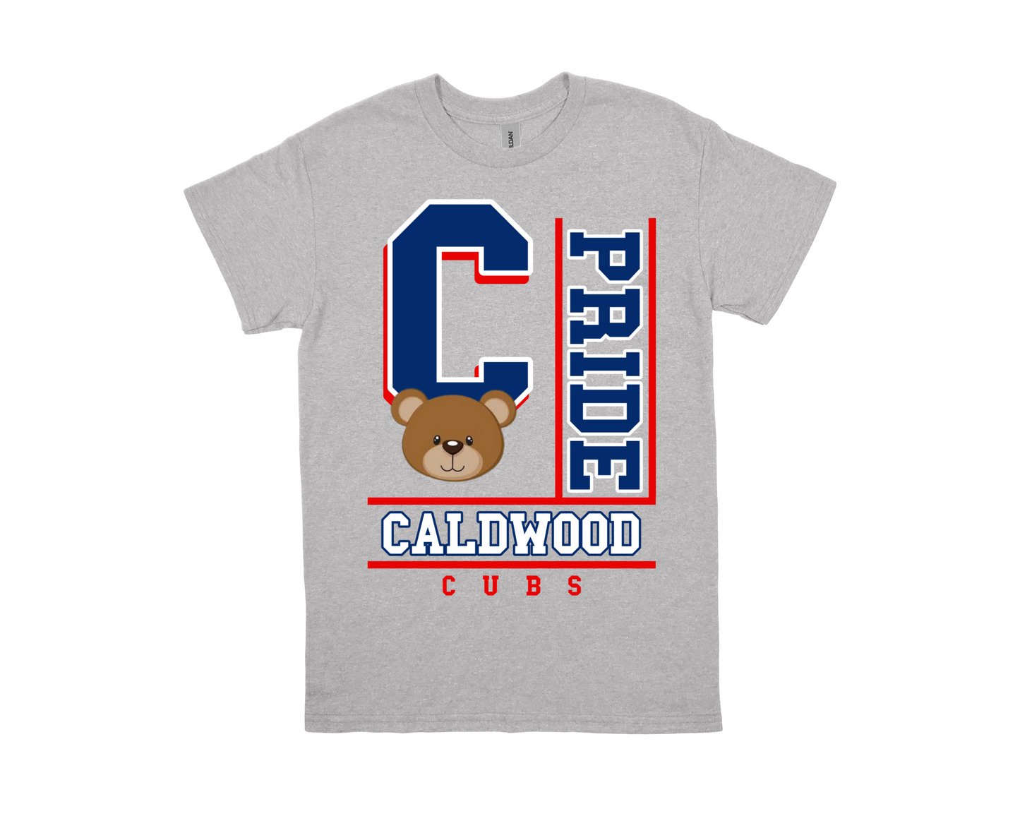 Gray Caldwood-PRIDE spirit shirt with navy and red lettering and bear cub graphic
