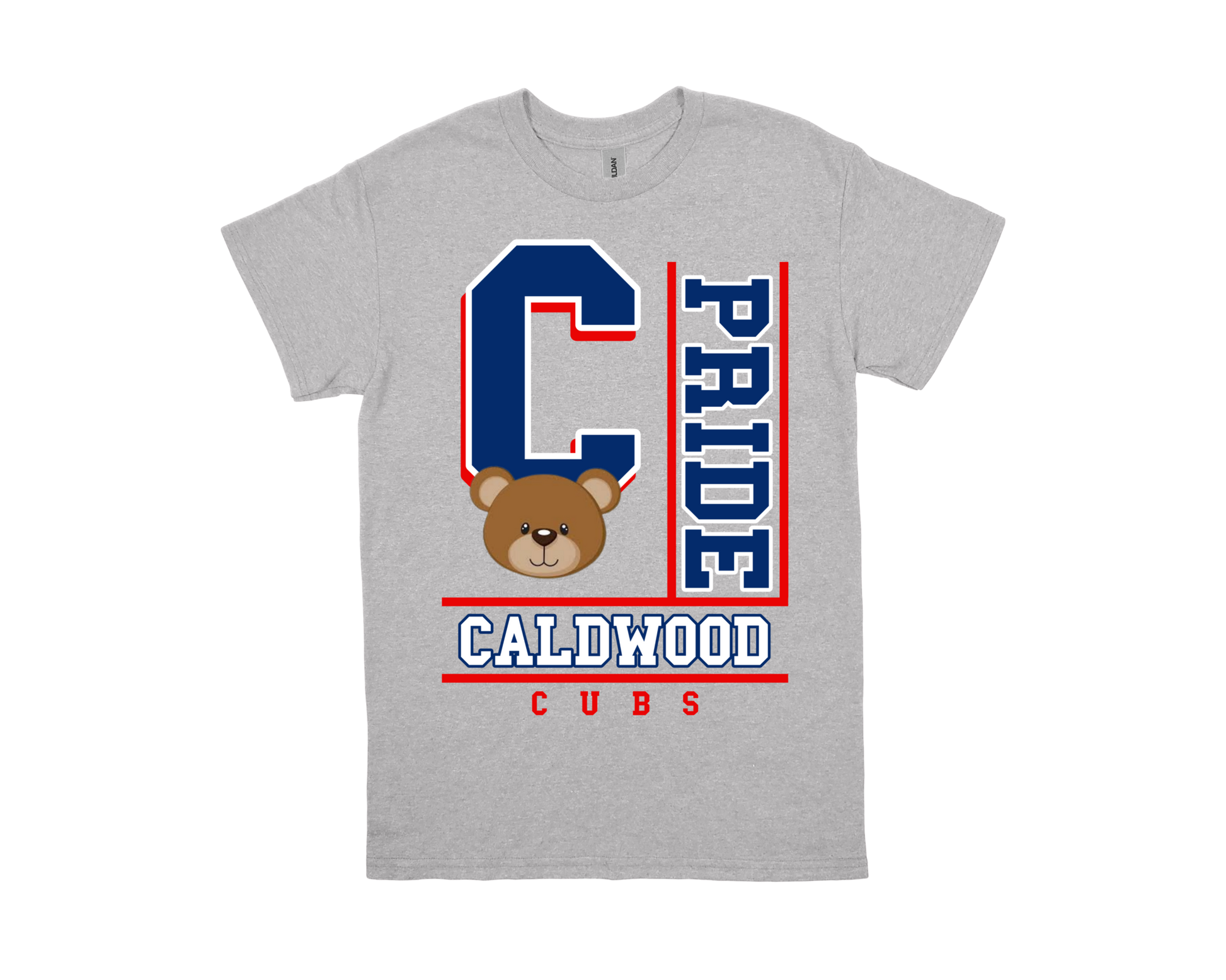 Gray Caldwood-PRIDE spirit shirt with navy and red lettering and bear cub graphic